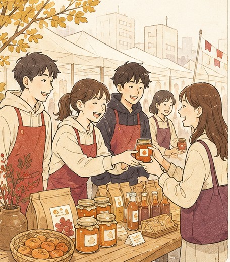 学生が都市のマルシェで地域産品を対面販売している様子
