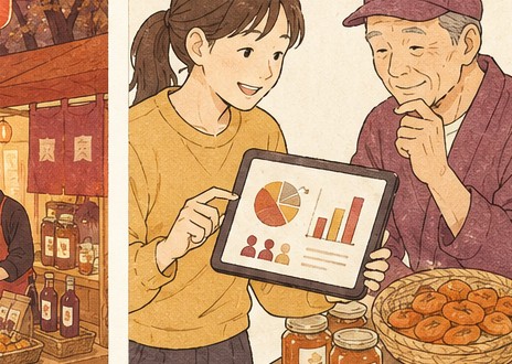 学生が検証販売で得たデータをつくり手に見せて説明している様子